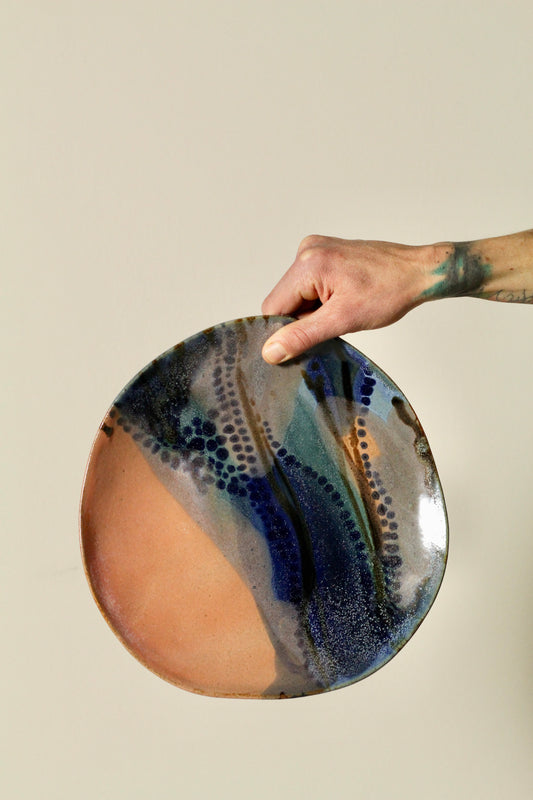 🟤 Polka Dot Painters Plate – Large | Offset Ceramic High-Sided Plate in Blues, Peach + Rust | 28cm