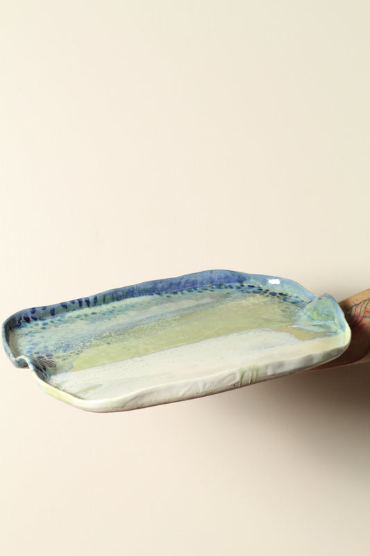 Ocean View Rectangular Platter | Large Hand built Stoneware | Coastal Blues & Soft Greens