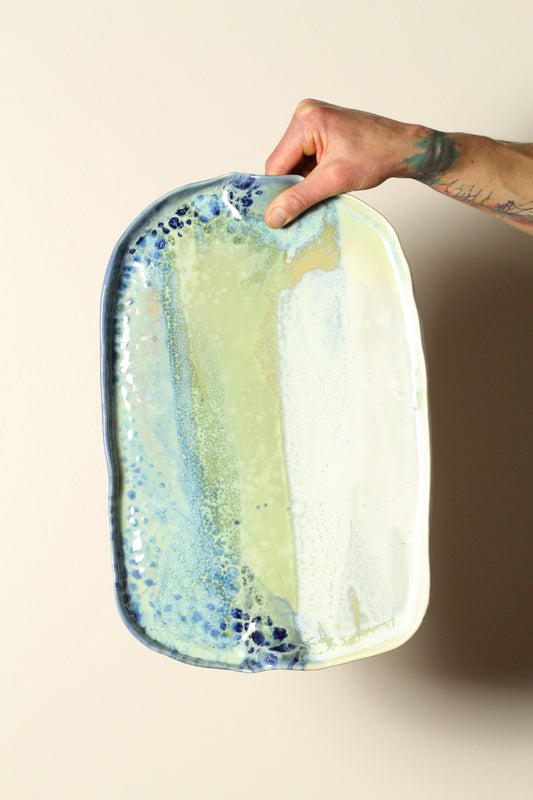 Ocean View Rectangular Platter | Large Hand built Stoneware | Coastal Blues & Soft Greens