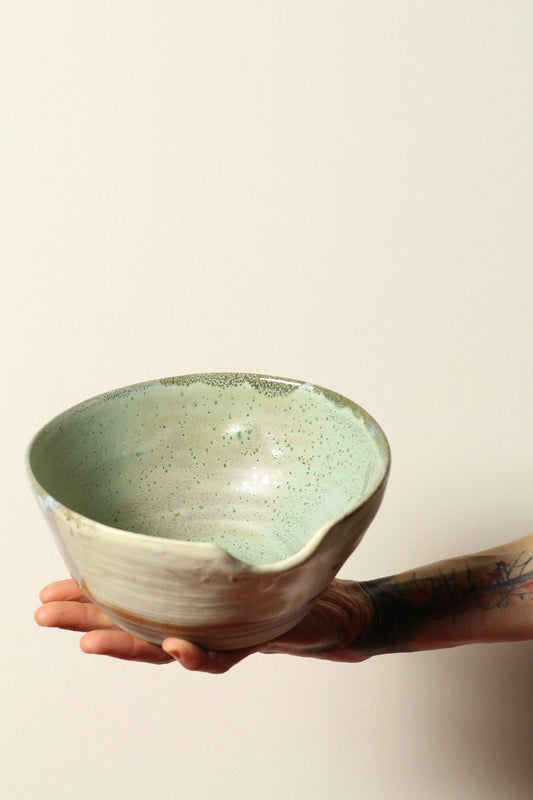 Salted Sage Server | Wheel Thrown Bowl with Spoon Notch | Matte Green Ceramic on Ironstone