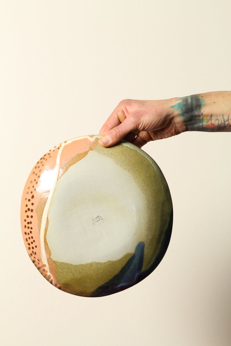 π€ Polka Dot Painter Plate β Large | Offset Ceramic High-Sided Plate in Olive, Blue & Peach | 26cm