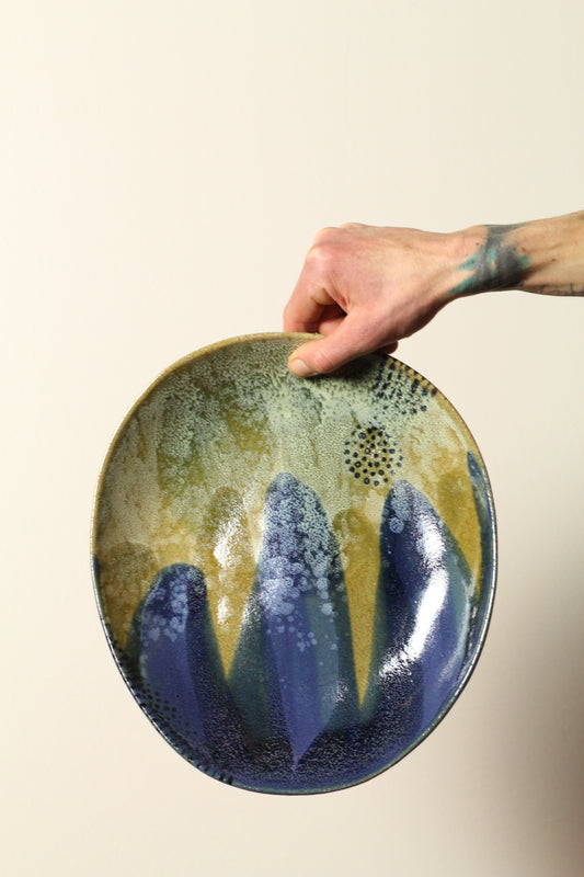 Dark Moss Server | Extra Large Offset Ceramic Plate | Olive, Blue + Cream | 30cm