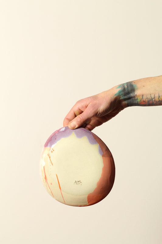 π΅ Polka Dot Painter Plate β Small | Offset Ceramic Side Plate in Peach, Plum, Lavender & Blue | 18cm