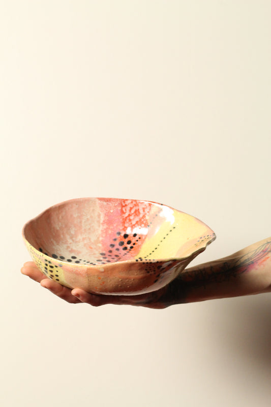 ⚫️ Offset Polka Dot Painter Bowl | Peach, Coral + Soft Yellow | Handcrafted Ceramic
