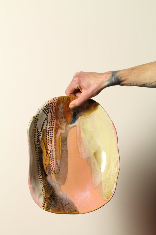 🟤 Polka Dot Painter Serving Dish | Large Offset Ceramic Bowl in Autumn Rust | 38cm