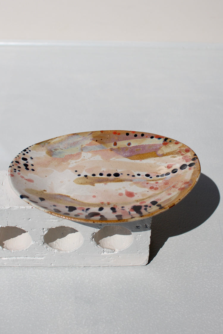 High Sided Plate - White, pink, tan with black dots