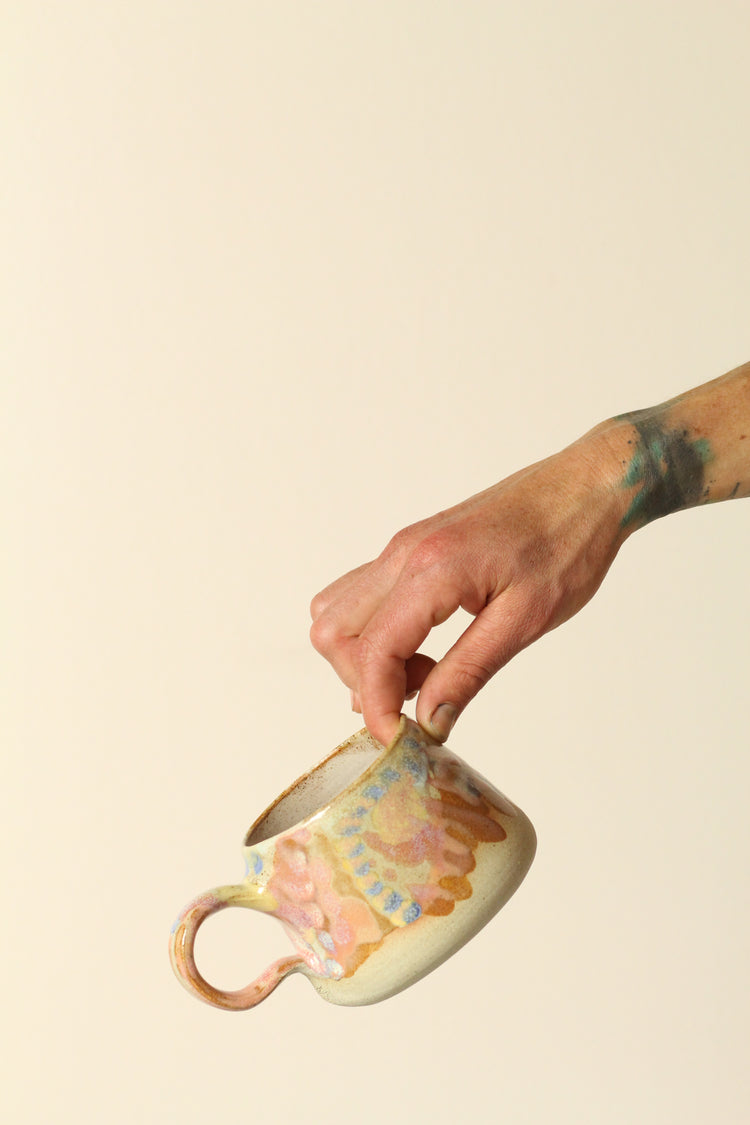 Xtra large painterly Mug, pink, yellow, white blue dots