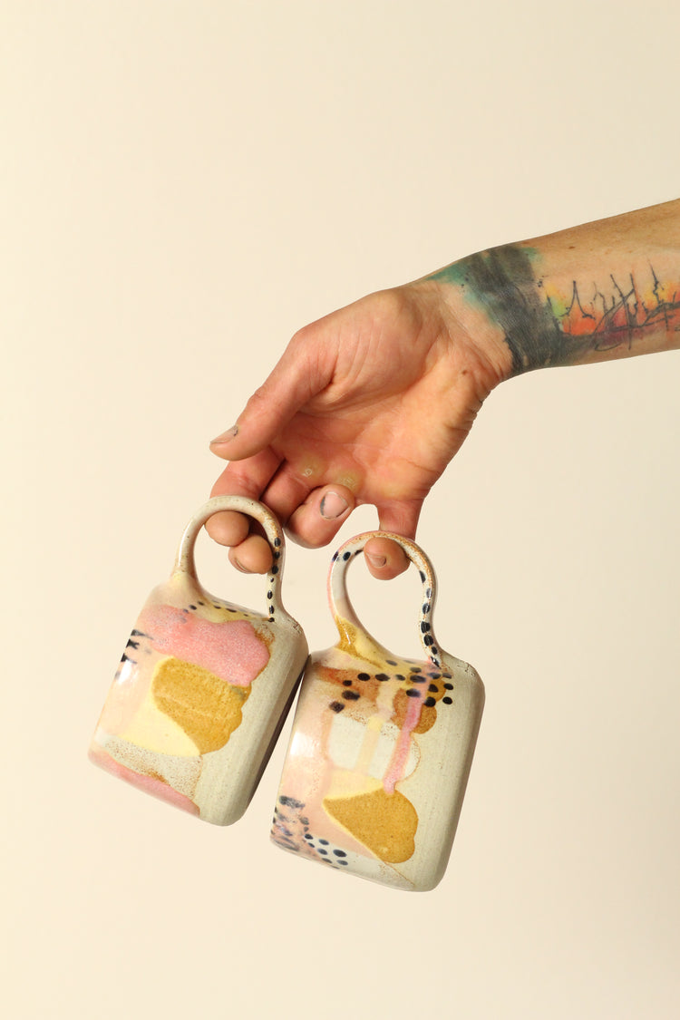 Pastel Polka Dot Ceramic Mug | In Pink, Yellow, White with Black Dots