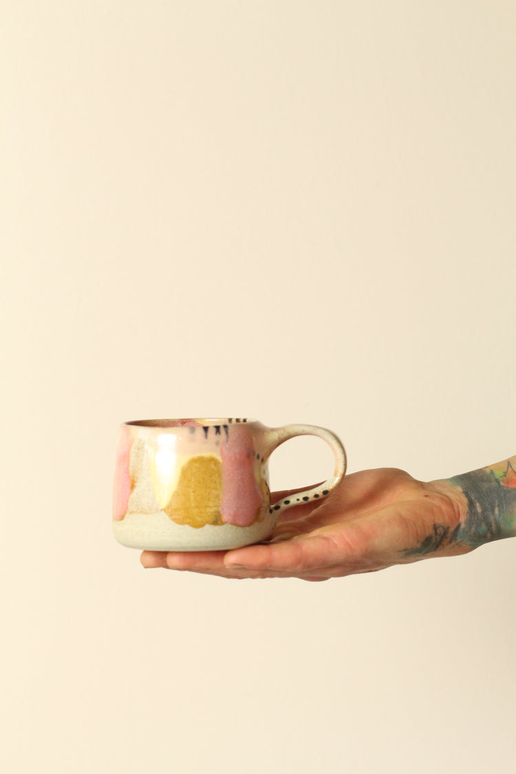 Pastel Polka Dot Ceramic Mug | In Pink, Yellow, White with Black Dots