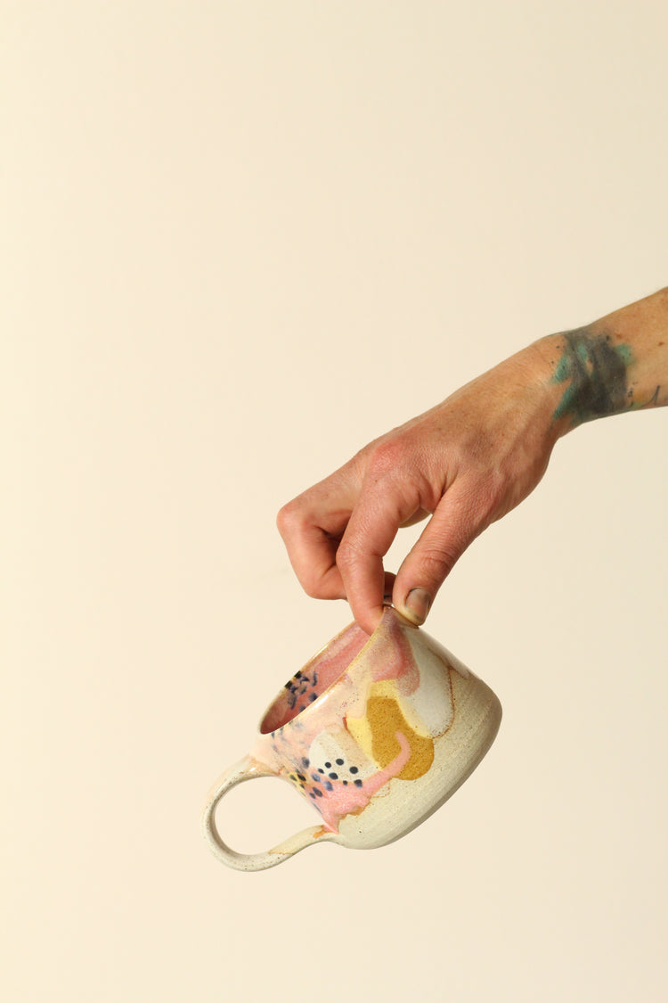 Pastel Polka Dot Ceramic Mug | In Pink, Yellow, White with Black Dots