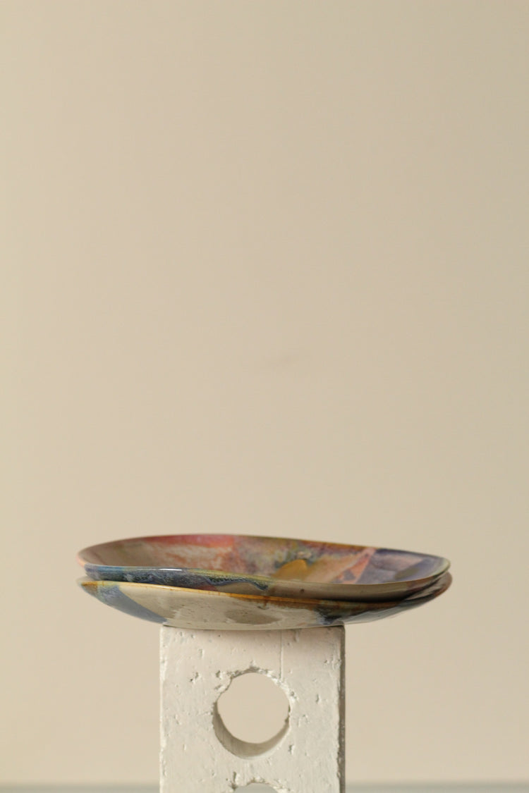 High Sided Plate - Painterly blue, pink, tan, greens