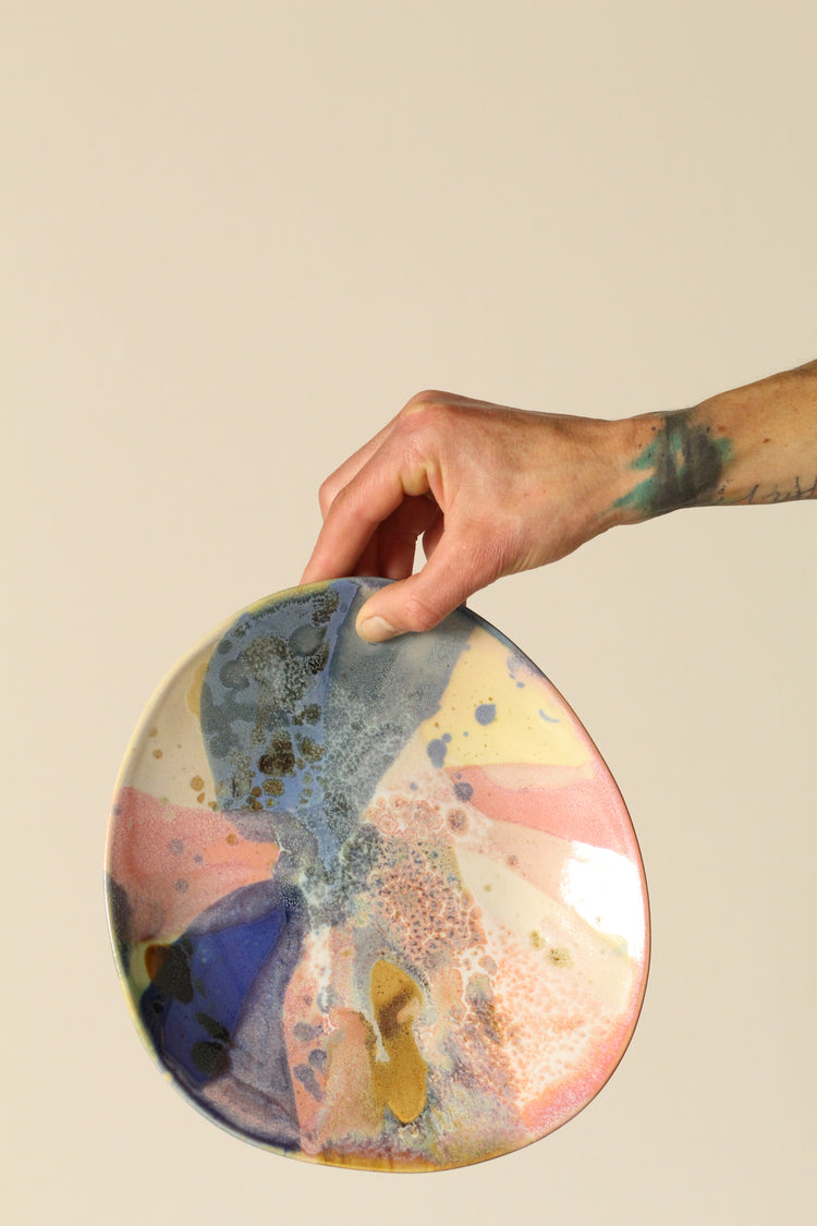 High Sided Plate - Painterly blue, pink, tan, greens