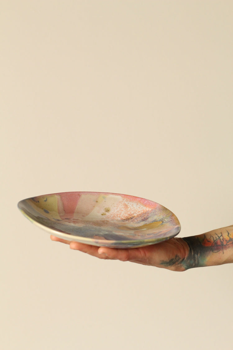High Sided Plate - Painterly blue, pink, tan, greens