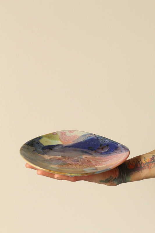 High Sided Plate - Painterly blue, pink, tan, greens