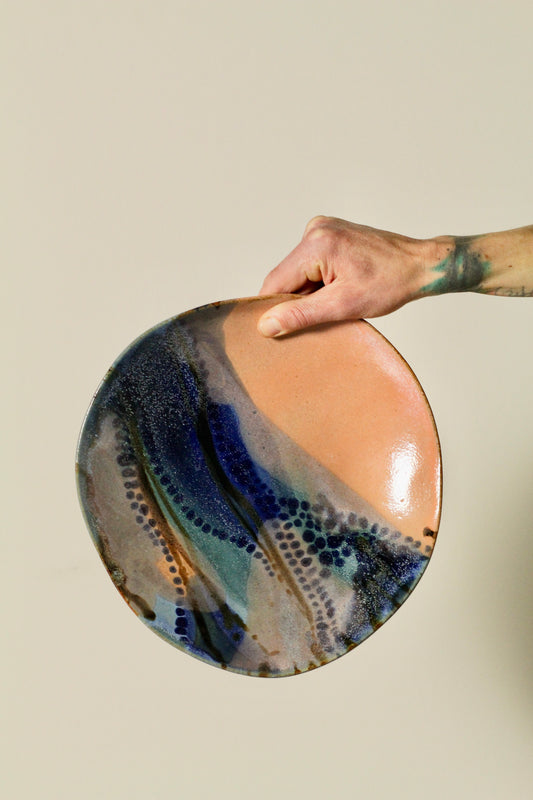 🟤 Polka Dot Painters Plate – Large | Offset Ceramic High-Sided Plate in Blues, Peach + Rust | 28cm