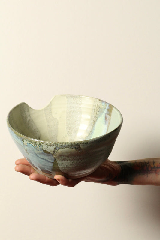 Salted Sage Server | Wheel Thrown Bowl with Spoon Notch | Matte Green Ceramic on Ironstone