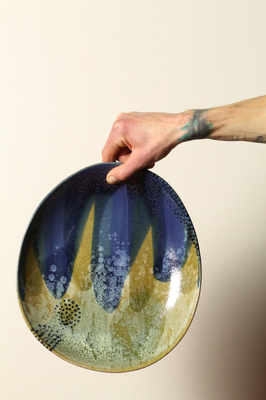 Dark Moss Server | Extra Large Offset Ceramic Plate | Olive, Blue + Cream | 30cm