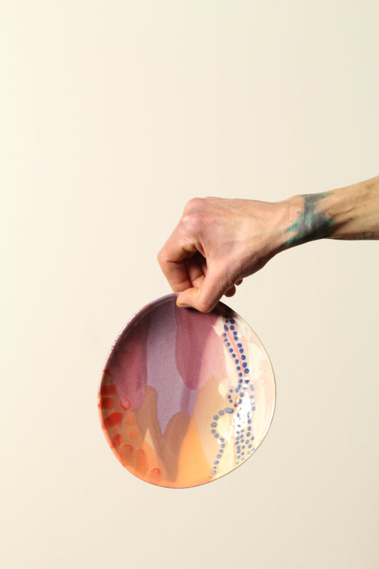 π΅ Polka Dot Painter Plate β Small | Offset Ceramic Side Plate in Peach, Plum, Lavender & Blue | 18cm