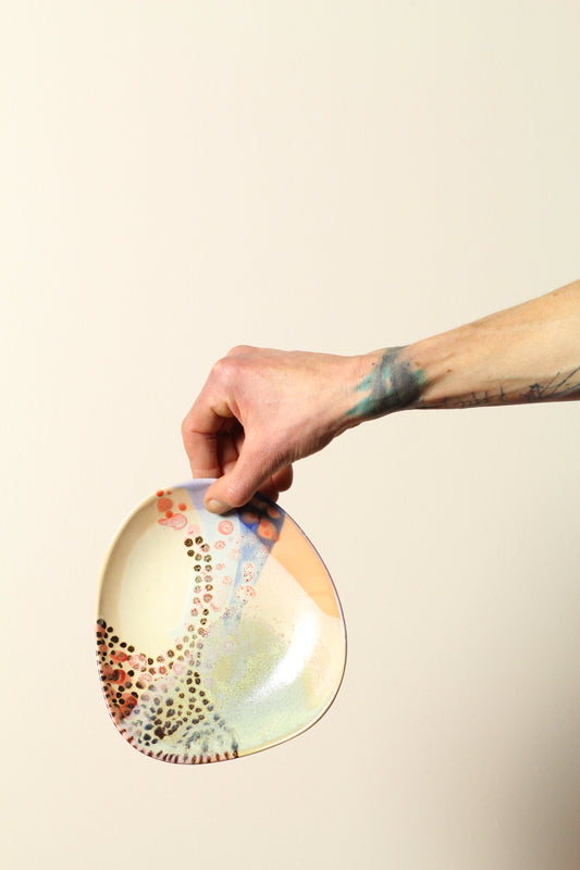 🟤 Polka Dot Painter Plate – Small | Offset Ceramic Side Plate in Peach, Cream + Mint Green | 18cm