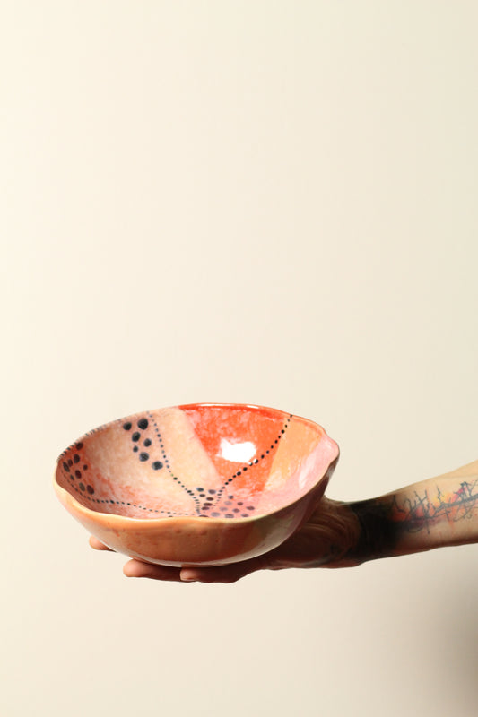 ⚫️ Frilly Polka Dot Painter Bowl | Peach, Coral + Soft Yellow | Handcrafted Ceramic