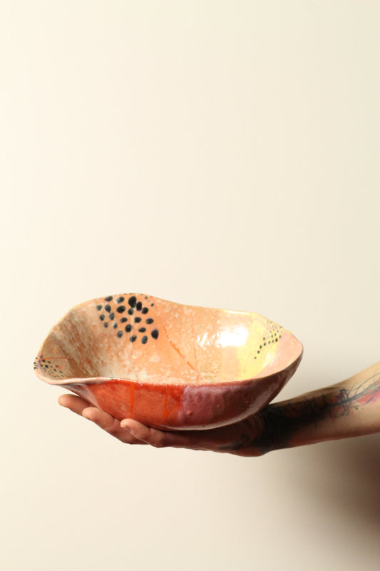 ⚫️ Offset Polka Dot Painter Bowl | Peach, Coral + Soft Yellow | Handcrafted Ceramic