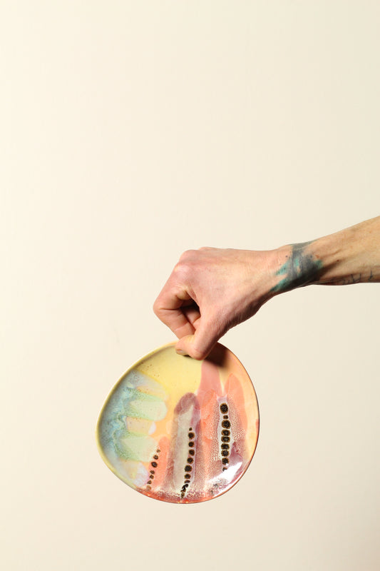 🟤  Polka Dot Painter Plate – Small | Offset Ceramic Side Plate in Mint Green, Red + Yellow | 16cm
