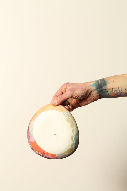 🟤  Polka Dot Painter Plate – Small | Offset Ceramic Side Plate in Mint Green, Red + Yellow | 16cm