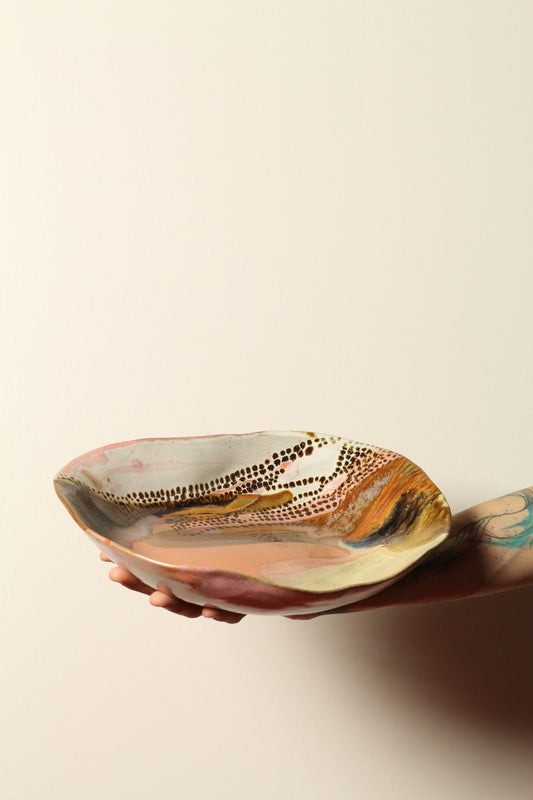 🟤 Polka Dot Painter Serving Dish | Large Offset Ceramic Bowl in Autumn Rust | 38cm