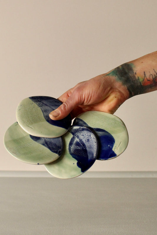 Salted Jade & Blue Stoneware Coasters – Handcrafted by Allthingswhiting (Pair)