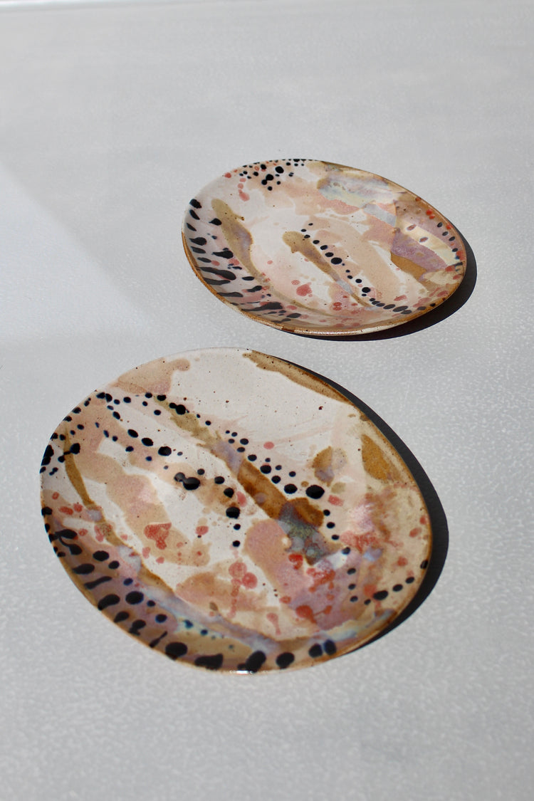 High Sided Plate - White, pink, tan with black dots