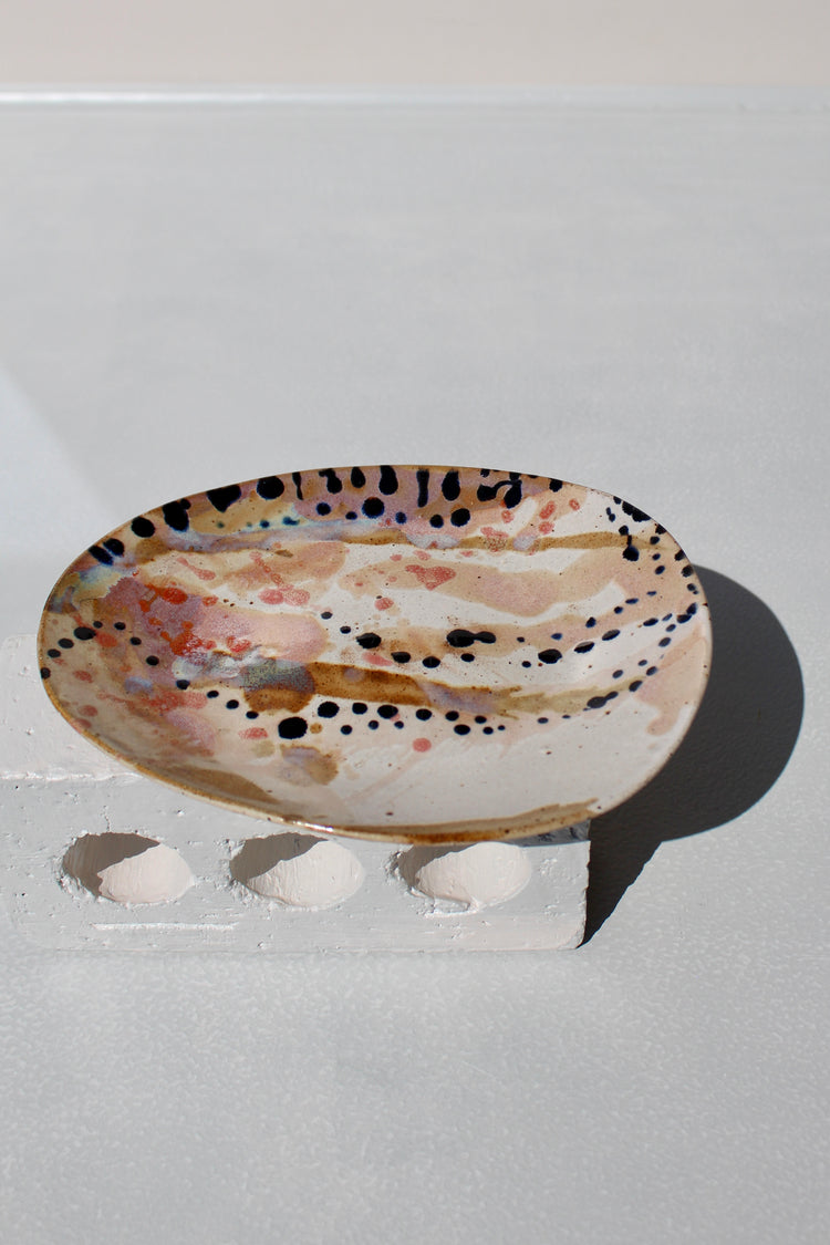 High Sided Plate - White, pink, tan with black dots