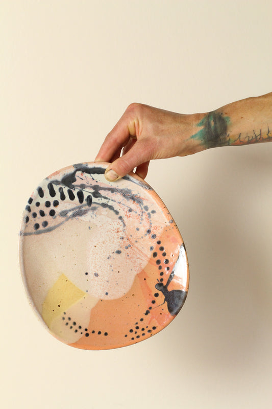 High Sided Plate - Squid ink, peach yellow and white