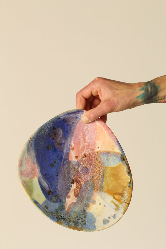 High Sided Plate - Painterly blue, pink, tan, greens