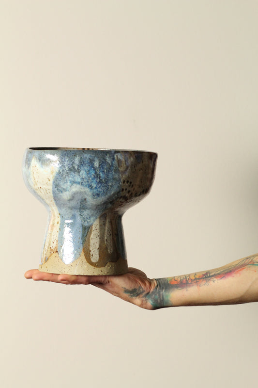 Blushed Sediment Pedestal | Handcrafted Ceramic Stand | Layered Glaze in Blush, Blue + Ochre