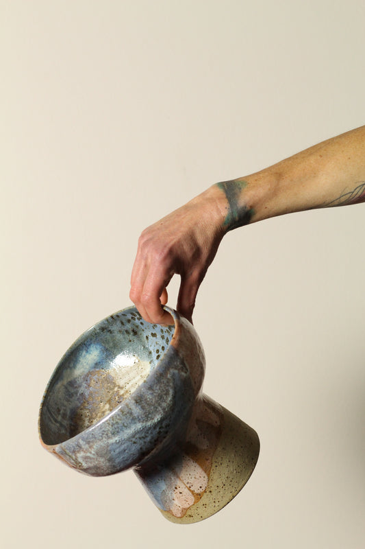 Blushed Sediment Pedestal | Handcrafted Ceramic Stand | Layered Glaze in Blush, Blue + Ochre